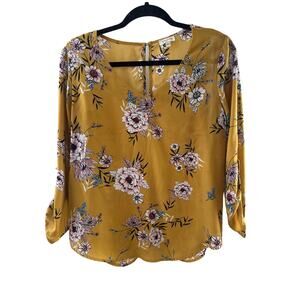Lily White Mustard Floral Blouse L Flowy Boho Cottagecore Officewear